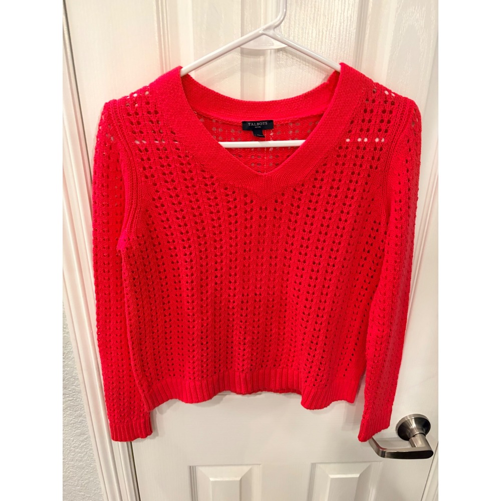 Talbots Sweater Pink Pointelle Open Knit V-Neck Cotton Pullover Petite Small